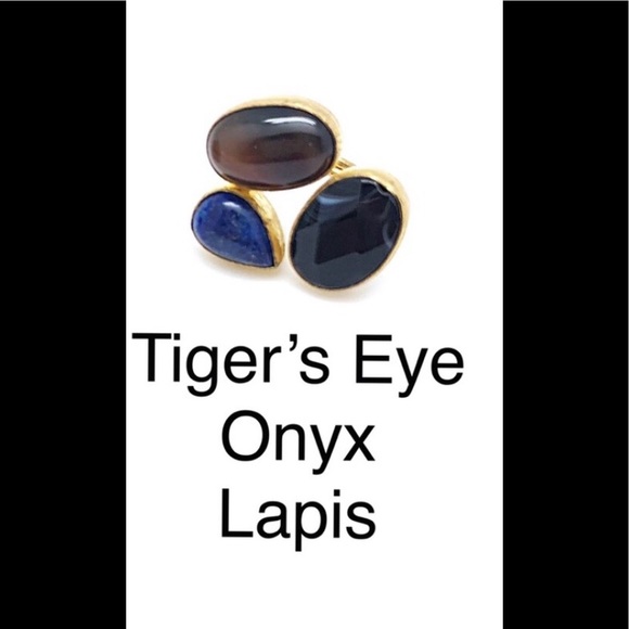 Large Triple Gemstone-Lapis,Tigers Eye,Blk Obsidian Statement Rings set in Gold - Picture 2 of 6